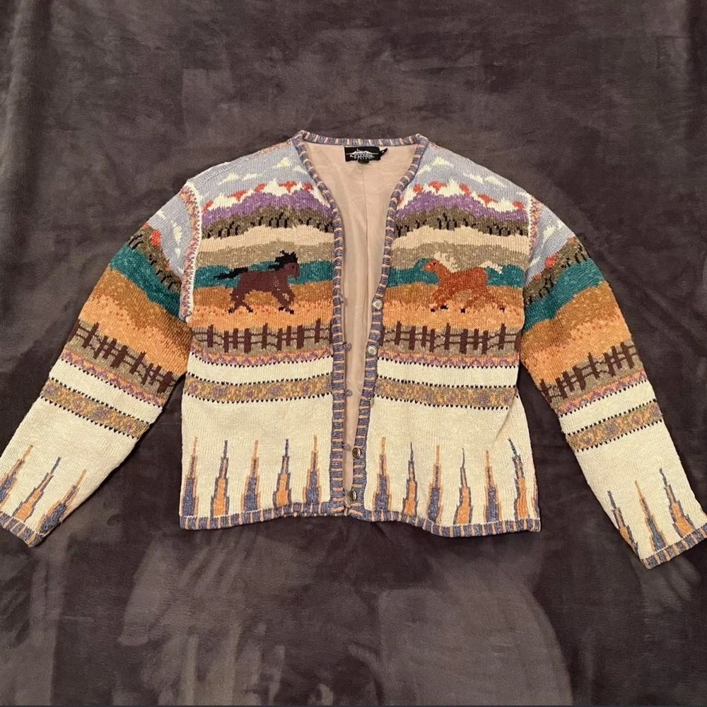 Icelandic Designs Colorful Horse pony western Pattern Cardigan M EUC - Picture 1 of 12